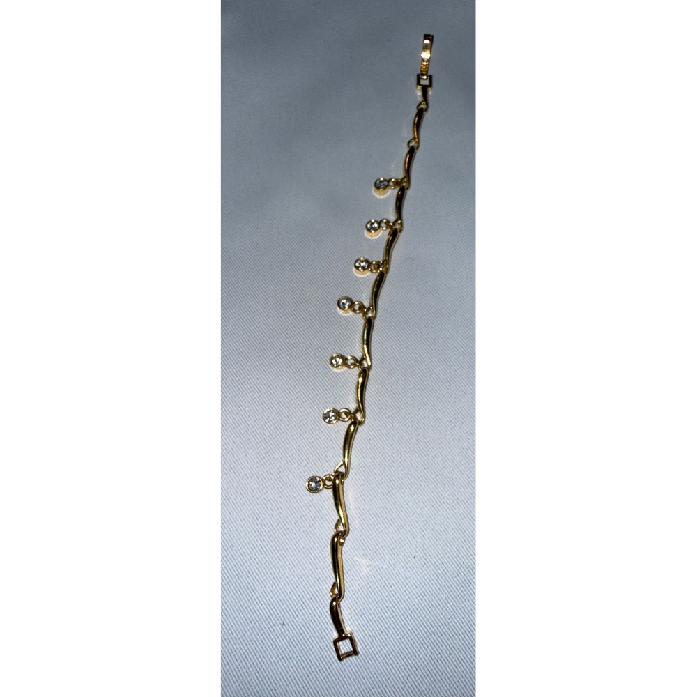 Gold‎ Tone Wavy Link Bracelet Clear Crystal Dangle Charms 7.25 fold over  Clasp